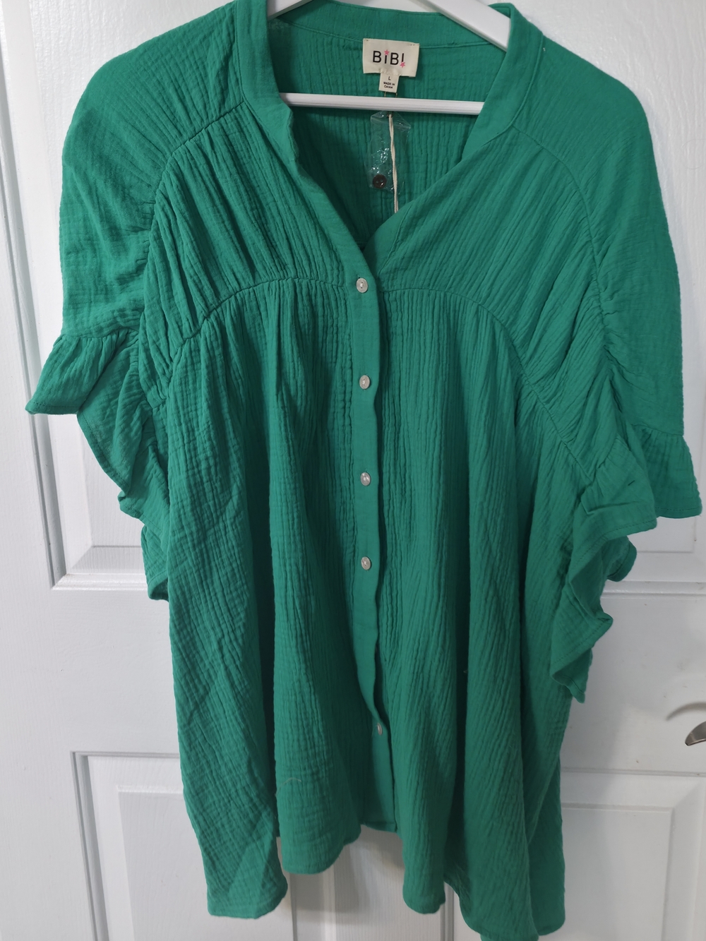 BiBi Emerald Green Button-Front Gauze Blouse